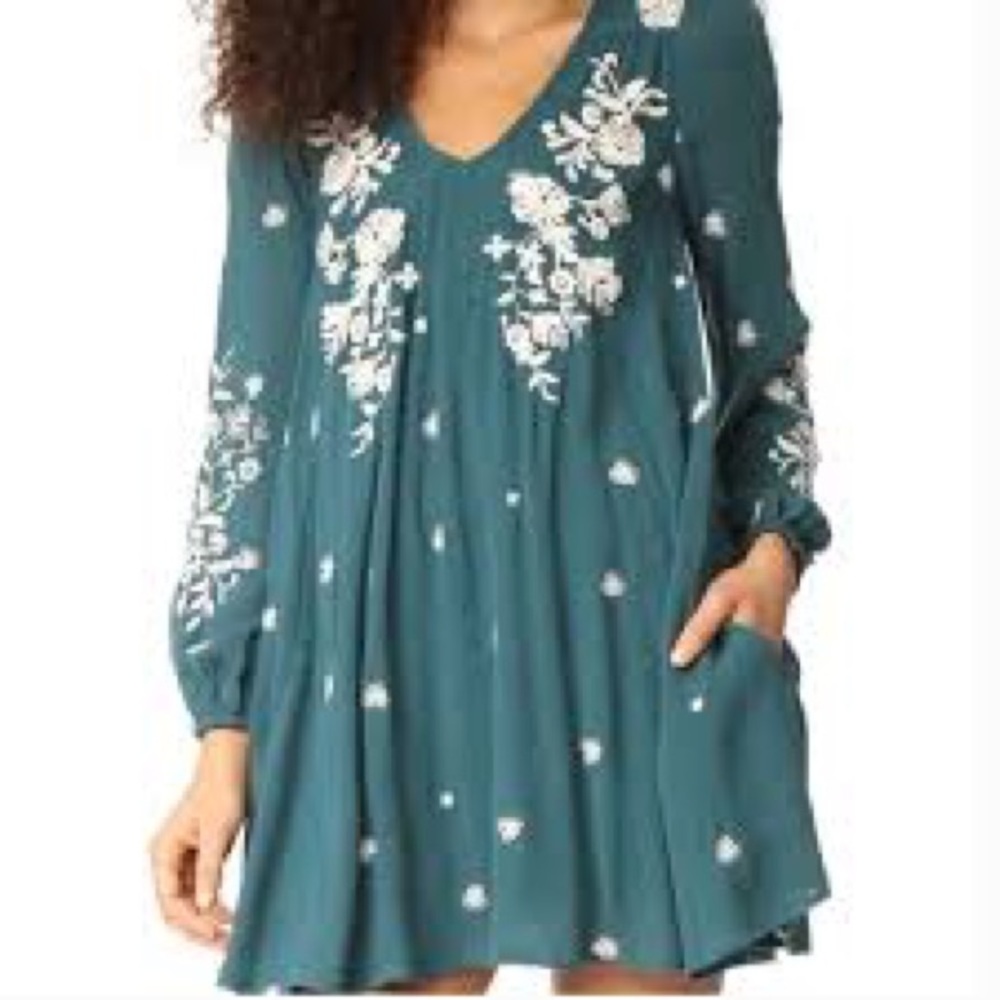 Free People Teal Long Sleeve Embroidered Shift Dress (lined)